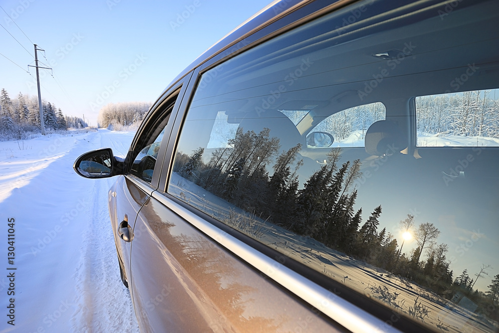 Car winter road snow forest tour Car winter road snow forest tour