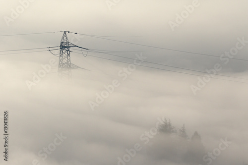 Aerial view of powerlines, pylon and fir trees peeking out of winter fog