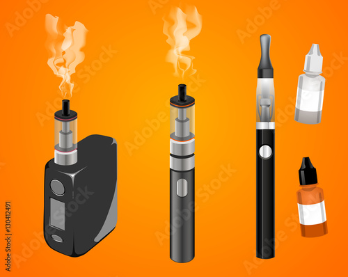 Electronic cigarettes vector set isolated from the background. Icons vape devices in flat style. Colored vaping symbols.