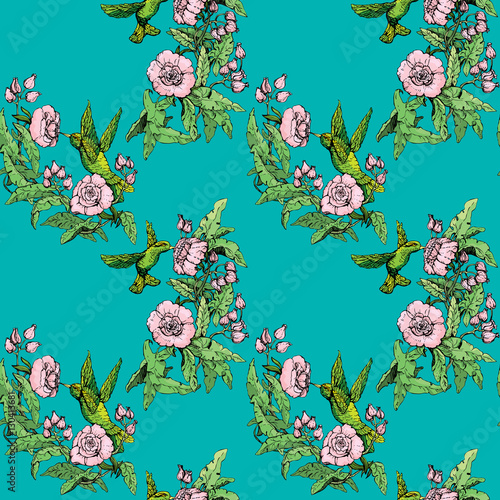 Seamless pattern. Colibri and flowers on blue background. Hand d