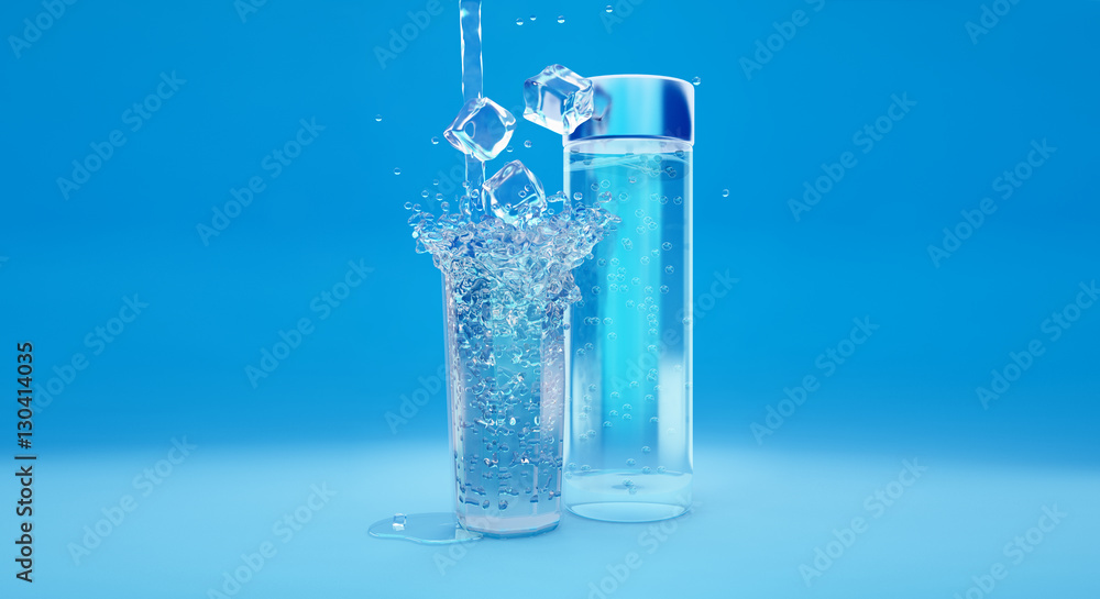 Beaker with ice water and the falling bottle. Blue background. 3