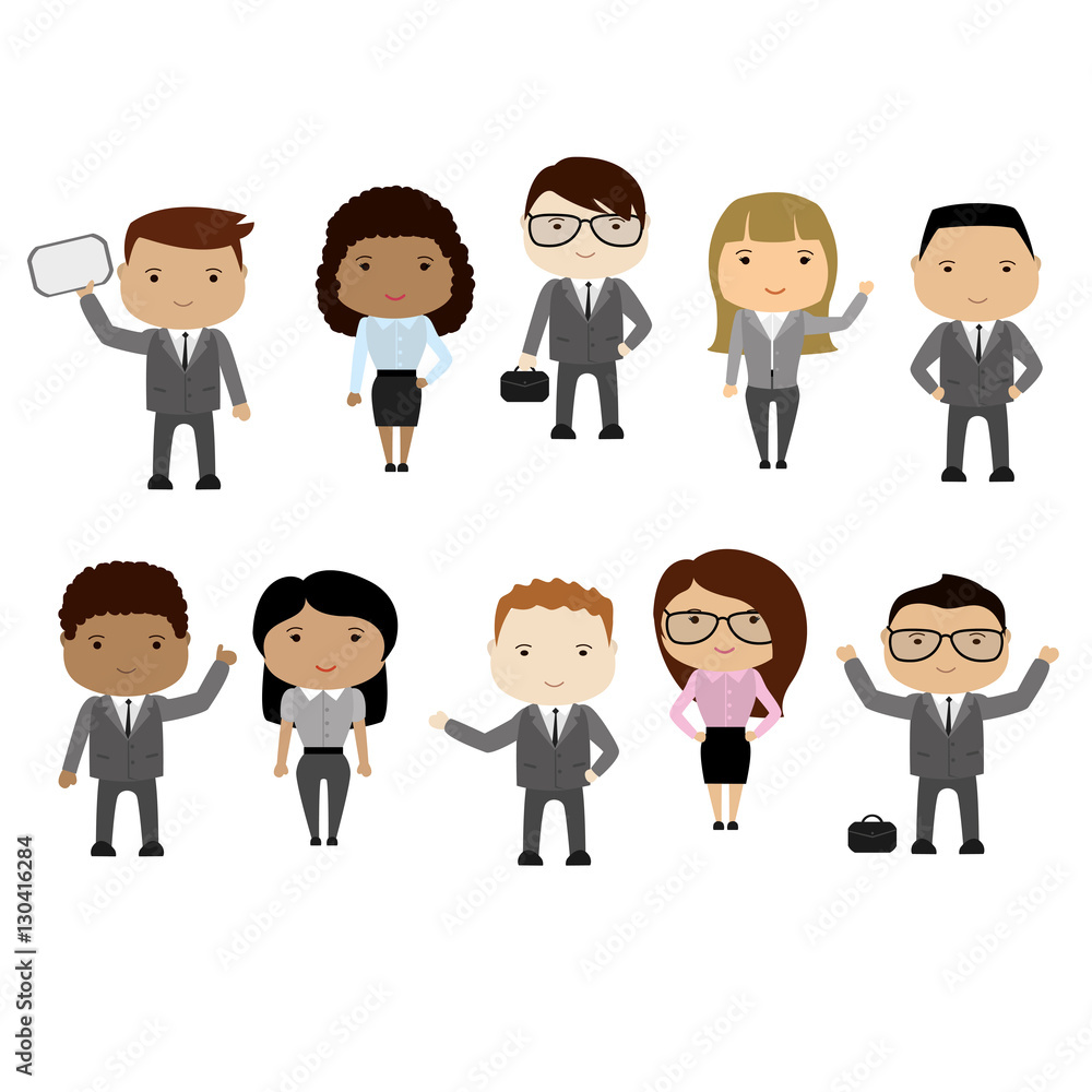 Set of cartoon business woman and business man,different races Set of cartoon business woman and business man,different races