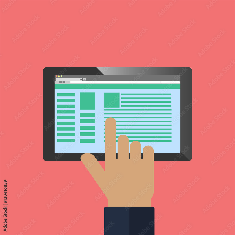 Tablet PC and human hand. Flat style vector illustration Tablet PC and human hand. Flat style vector illustration