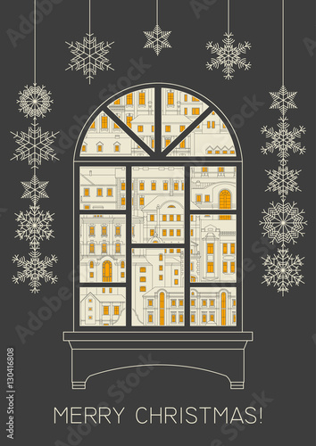 Vector Christmas thin line card. The old arched window on a black background with snowflakes. The facades of the old town with luminous windows outside.