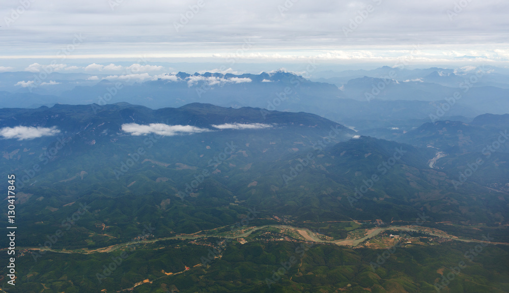  Aerial view of the earth above Laos territory and Mekong river