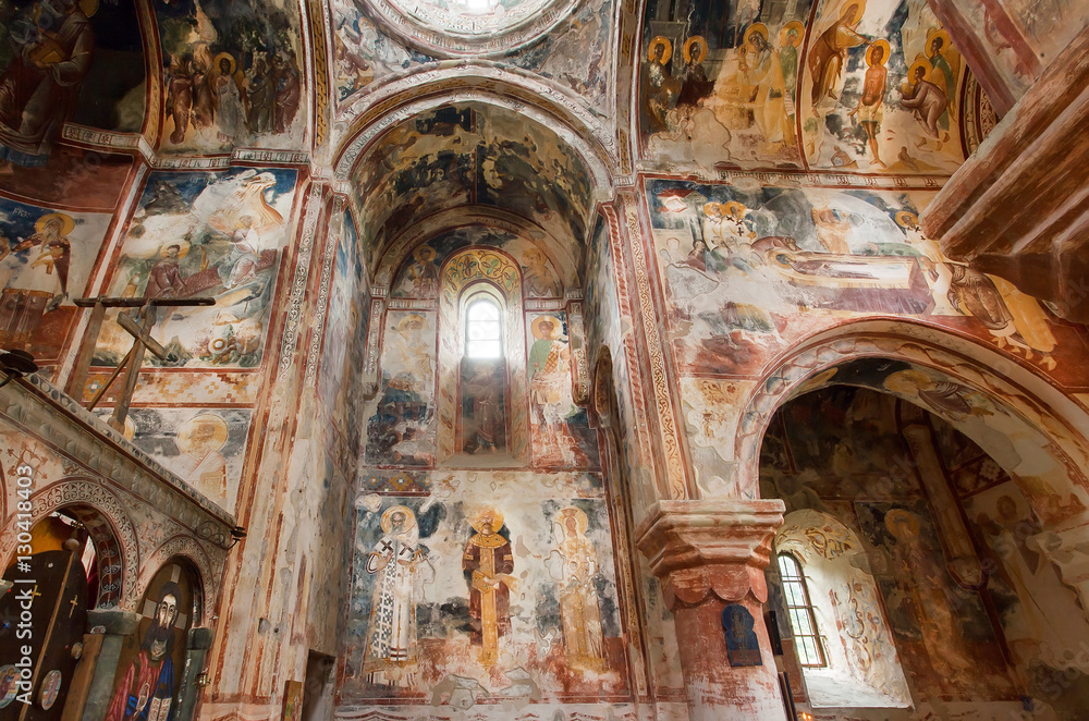 Historical hall of medieval church in the ancient Orthodox monastery Gelati with fresco, built in 12th century, Georgia