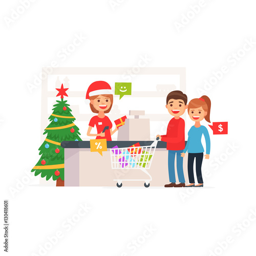 Cute supermarket store. Family shopping. Xmas in store. 