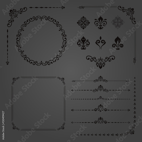 Vintage set of classic elements. Different vector elements for decoration and design frames  cards  menus  backgrounds and monograms. Classic dark patterns. Set of vintage patterns