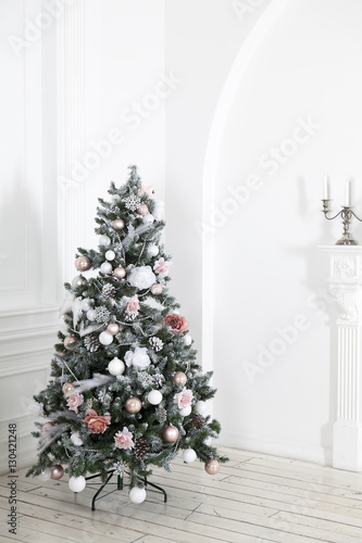 Christmas tree studio shot with lot of silver and red decorations © elenarostunova