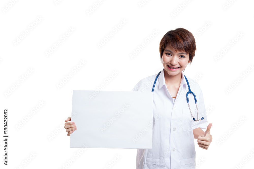 Young Asian female doctor show thumbs up and blank sign. Young Asian female doctor show thumbs up and blank sign.
