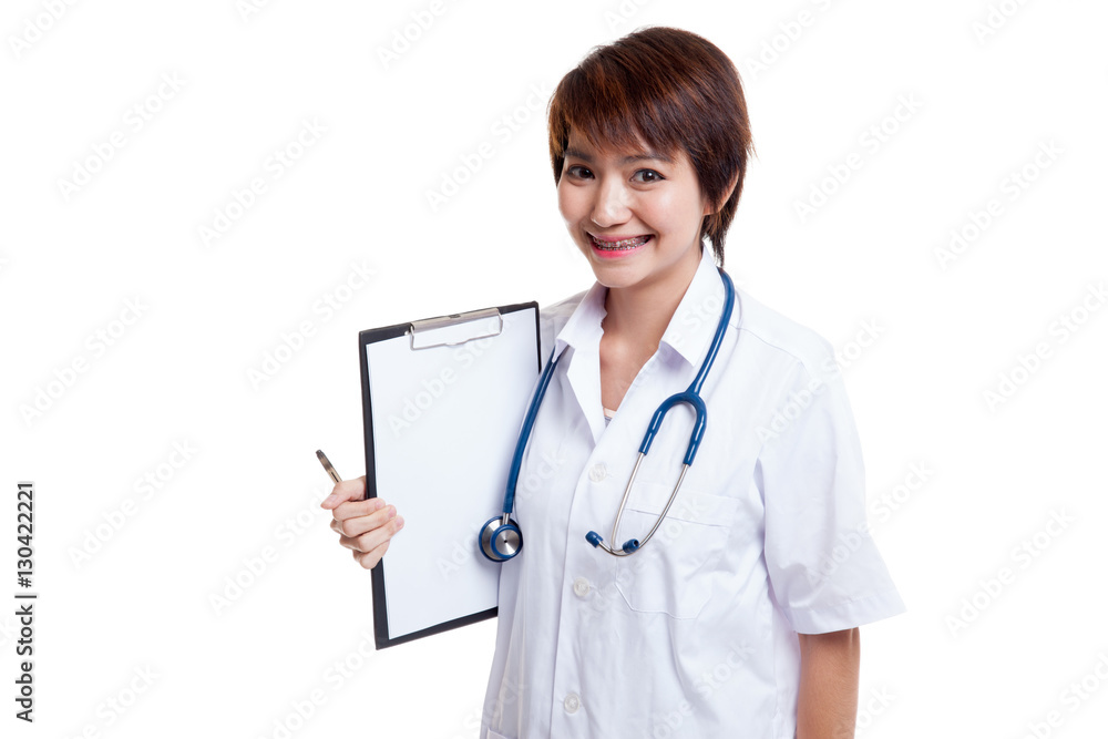 Young Asian female doctor hold a clipboard. Young Asian female doctor hold a clipboard.
