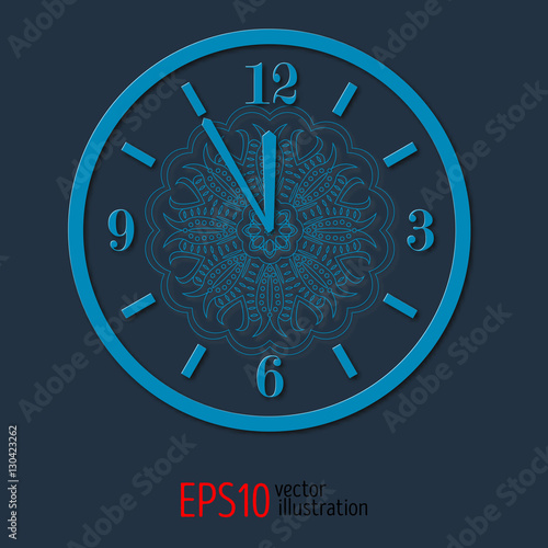 Blue elegant vitage clock for new year and christmas design. vector illustration with lacy pattern.