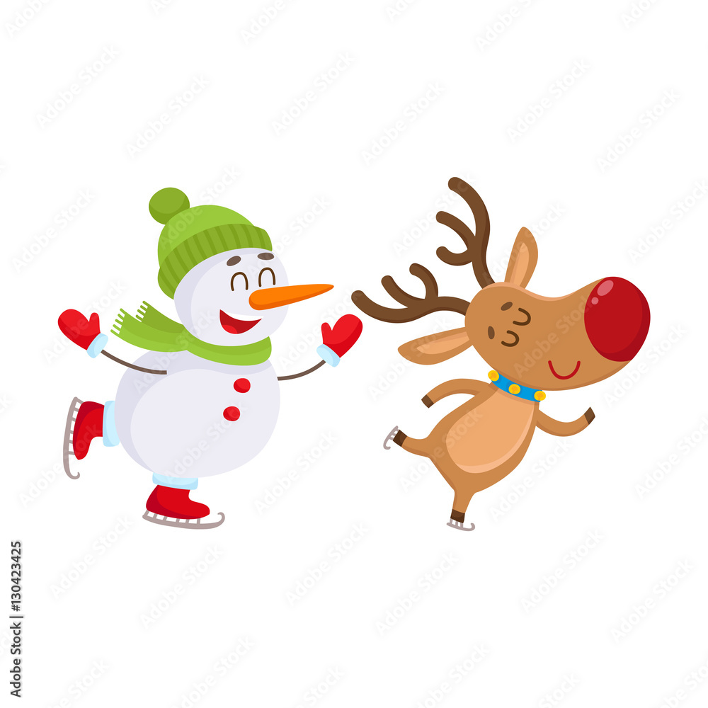 funny reindeer and snowman skating on ice, cartoon vector illustration isolated on white background. Deer and snowman, Christmas attributes, decoration elements funny reindeer and snowman skating on ice, cartoon vector illustration isolated on white background. Deer and snowman, Christmas attributes, decoration elements