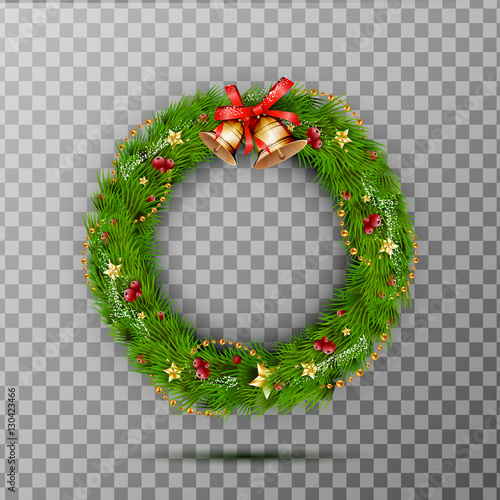 Christmas Wreath with jingle bells, red bow and ribbon, star and berry. Decorated wreath of pine branches isolated on transparent background. Vector illustration.