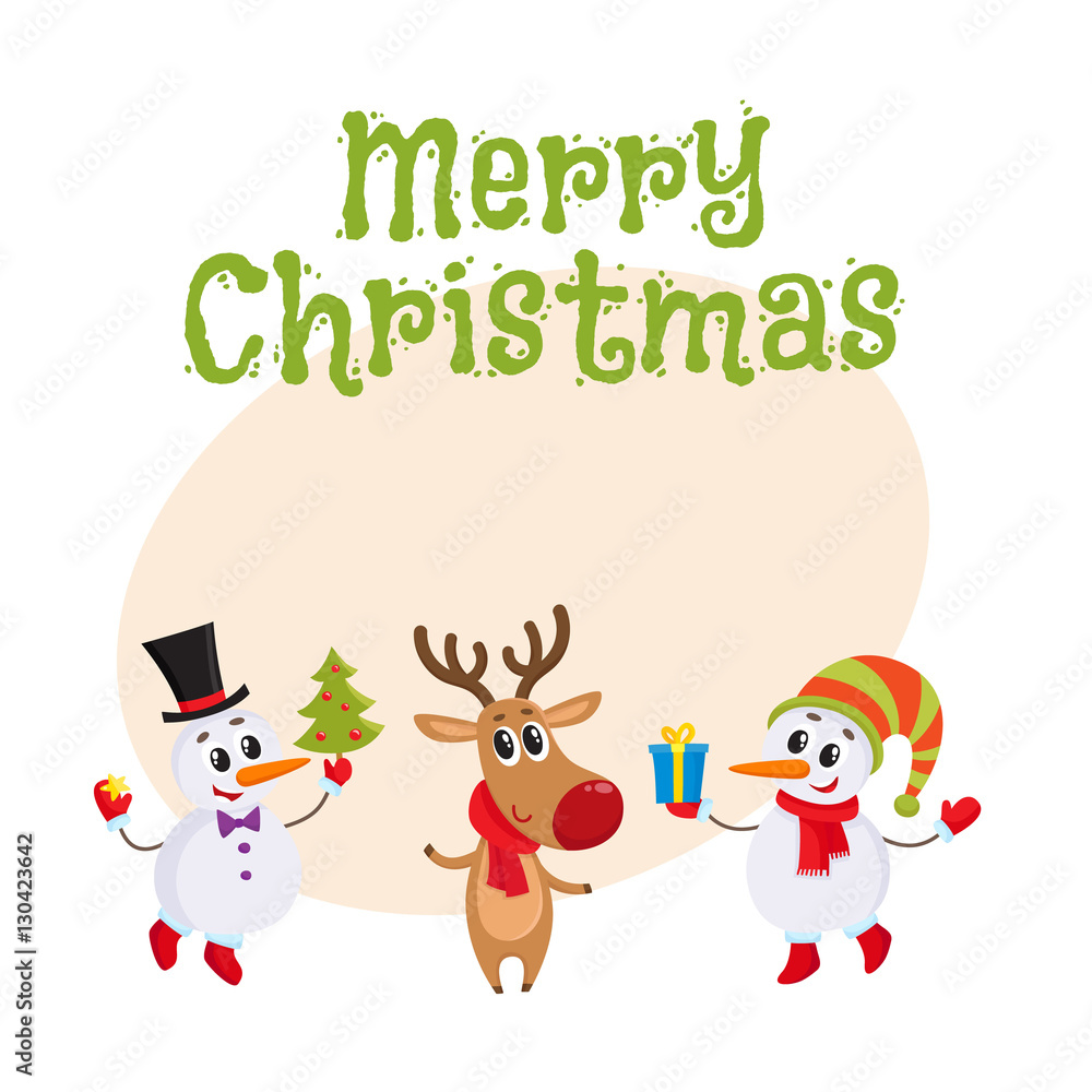 Naklejka premium Merry Christmas greeting card template with two funny snowman and reindeer holding a Christmas tree and gift box, cartoon vector illustration. Christmas poster, banner, postcard, greeting card design