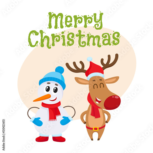 Merry Christmas greeting card template with Snowman in hat and mittens and Christmas reindeer in red scarf standing together  cartoon vector. Christmas poster  banner  postcard  greeting card design