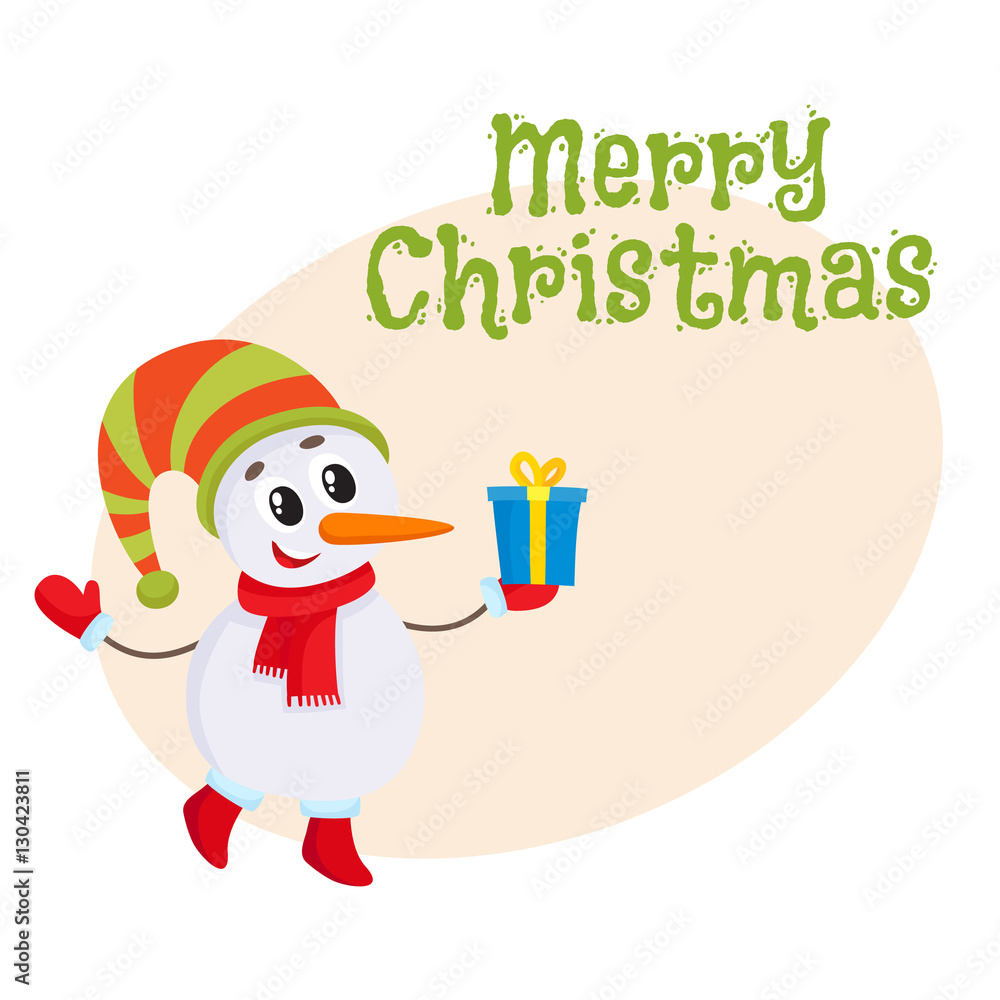 Merry Christmas greeting card template with Cute and funny little snowman holding a Christmas gift, present, cartoon vector illustration. Christmas poster, banner, postcard, greeting card design