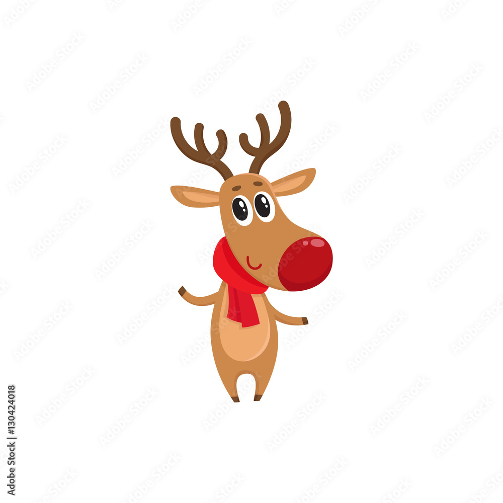 Christmas reindeer in red scarf, cartoon vector illustration isolated on  white background. Christmas red nosed deer, holiday decoration element  Stock Vector | Adobe Stock