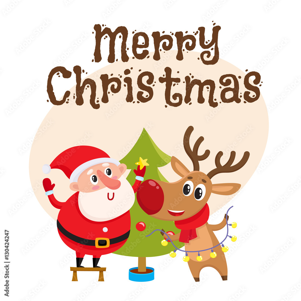Merry Christmas greeting card template with Funny Santa Claus and reindeer decorating tree with balls and stars, cartoon vector. Christmas poster, banner, postcard, greeting card design with a deer Merry Christmas greeting card template with Funny Santa Claus and reindeer decorating tree with balls and stars, cartoon vector. Christmas poster, banner, postcard, greeting card design with a deer