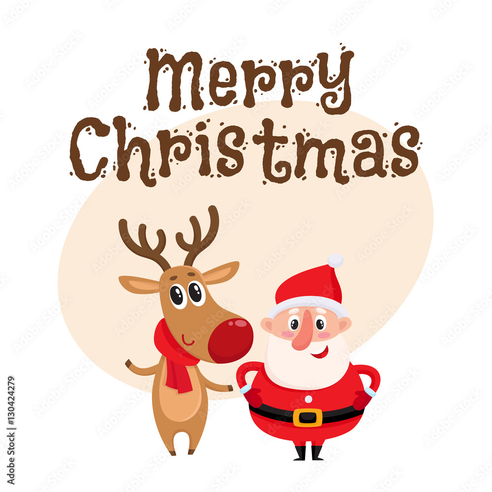 Merry Christmas greeting card template with Funny Santa Claus and reindeer in red scarf standing together, cartoon vector illustration. Christmas poster, banner, postcard, greeting card design