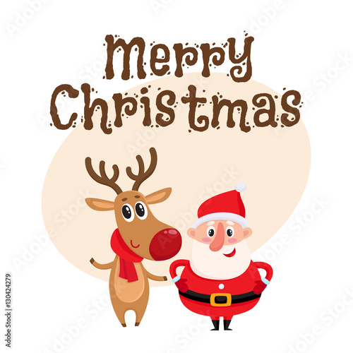 Merry Christmas greeting card template with Funny Santa Claus and reindeer in red scarf standing together, cartoon vector illustration. Christmas poster, banner, postcard, greeting card design
