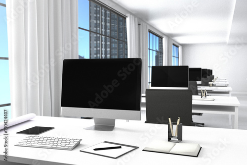 Wallpaper Mural 3D Rendering : illustration of modern interior white office of Creative designer desktop with PC computer.computer labs.working place of graphic design,city view.close-up.Mock up Torontodigital.ca