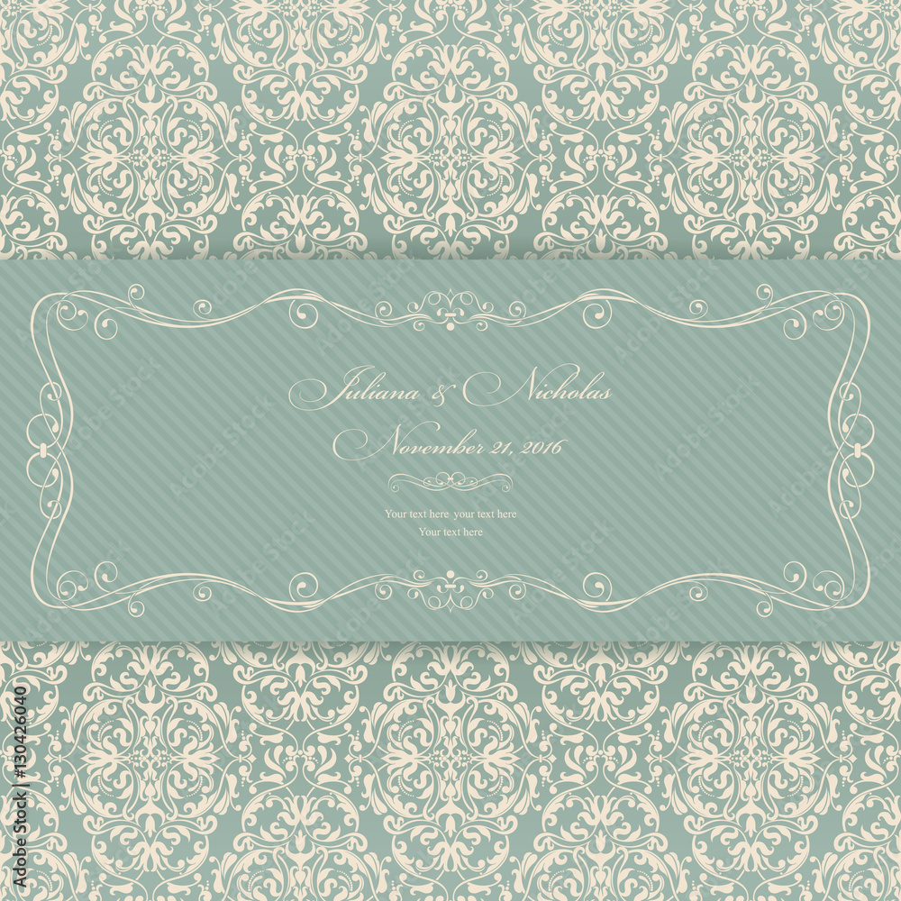 Wedding invitation cards in an vintage-style green and beige. Beautiful Victorian ornament. Frame with floral elements. Vector illustration.