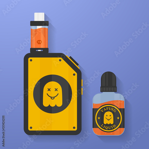 Icon of Vape device with ghost silhouette. Electronic cigarette with e-liquid bottle. Vector Vaping symbol. Box mod with Rebuildable tank atomizer, clearomizer, cartomizer.