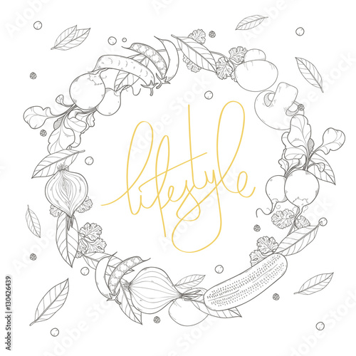 Vector card design with ink hand drawn vegetables and spice sketch with lettering liestyle. Vintage healthy food illustration.
