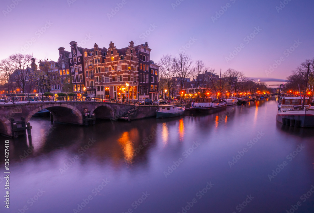 Amsterdam, view of the Reguliersgracht at night