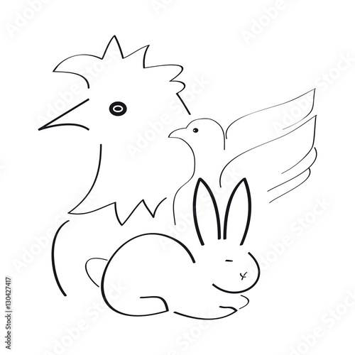 Silhouette of hare, dove and hen on white background