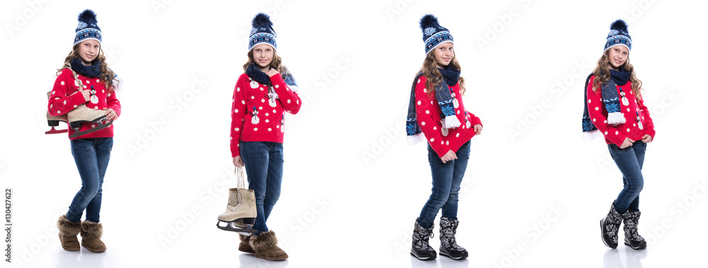Pretty smiling little girl with curly hairstyle wearing knitted sweater, scarf and hat with skates isolated on white background. Winter clothes and sport concept. Composite image.