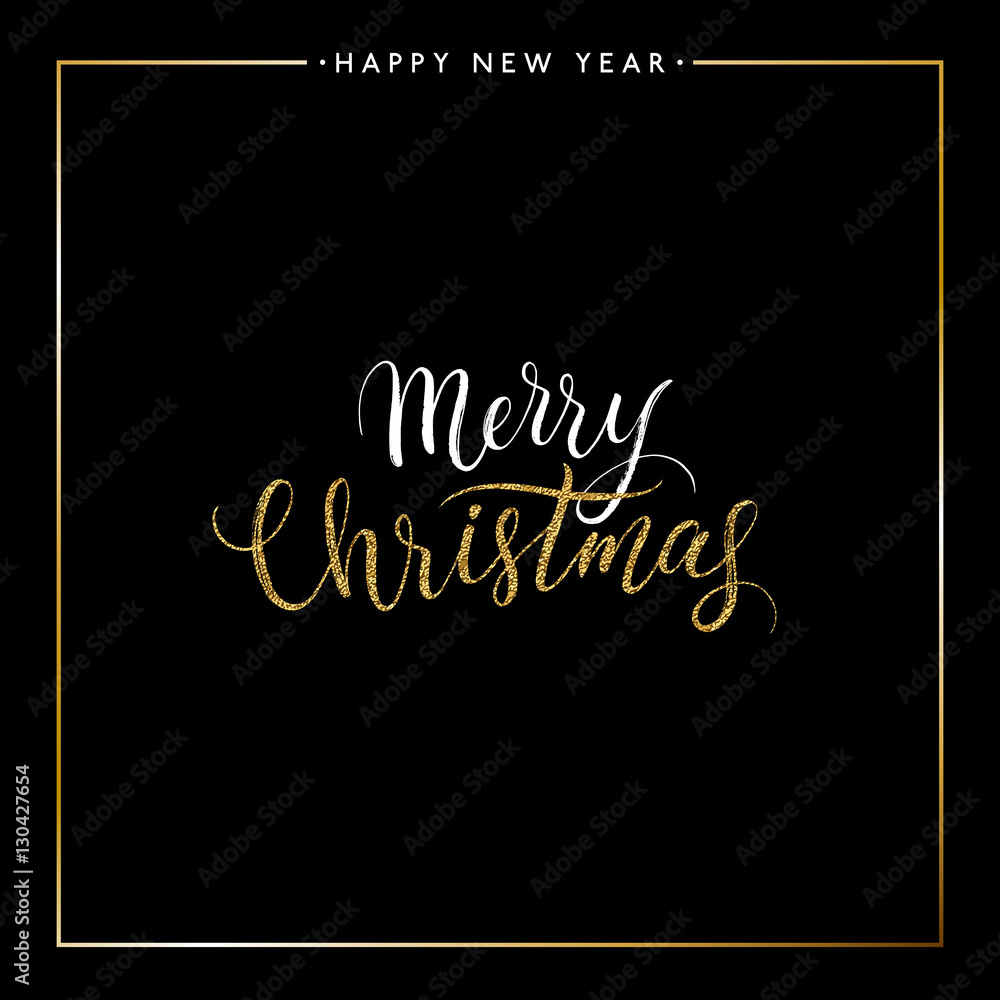 Merry Christmas gold glitter text isolated on black background, hand painted letter, golden vector Xmas lettering for holiday card, poster, banner, print, invitation, handwritten calligraphy