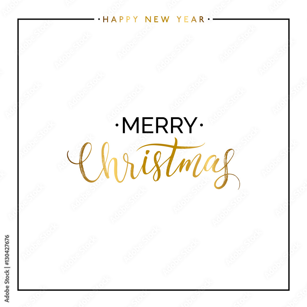 Merry Christmas gold text isolated on white background, hand painted letter, golden vector Xmas lettering for holiday card, poster, banner, print, invitation, handwritten calligraphy