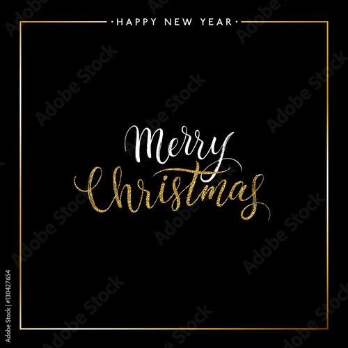 Merry Christmas gold glitter text isolated on black background, hand painted letter, golden vector Xmas lettering for holiday card, poster, banner, print, invitation, handwritten calligraphy