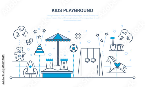Children's entertainment playground, benches, sandbox, swing, a recreation park.
