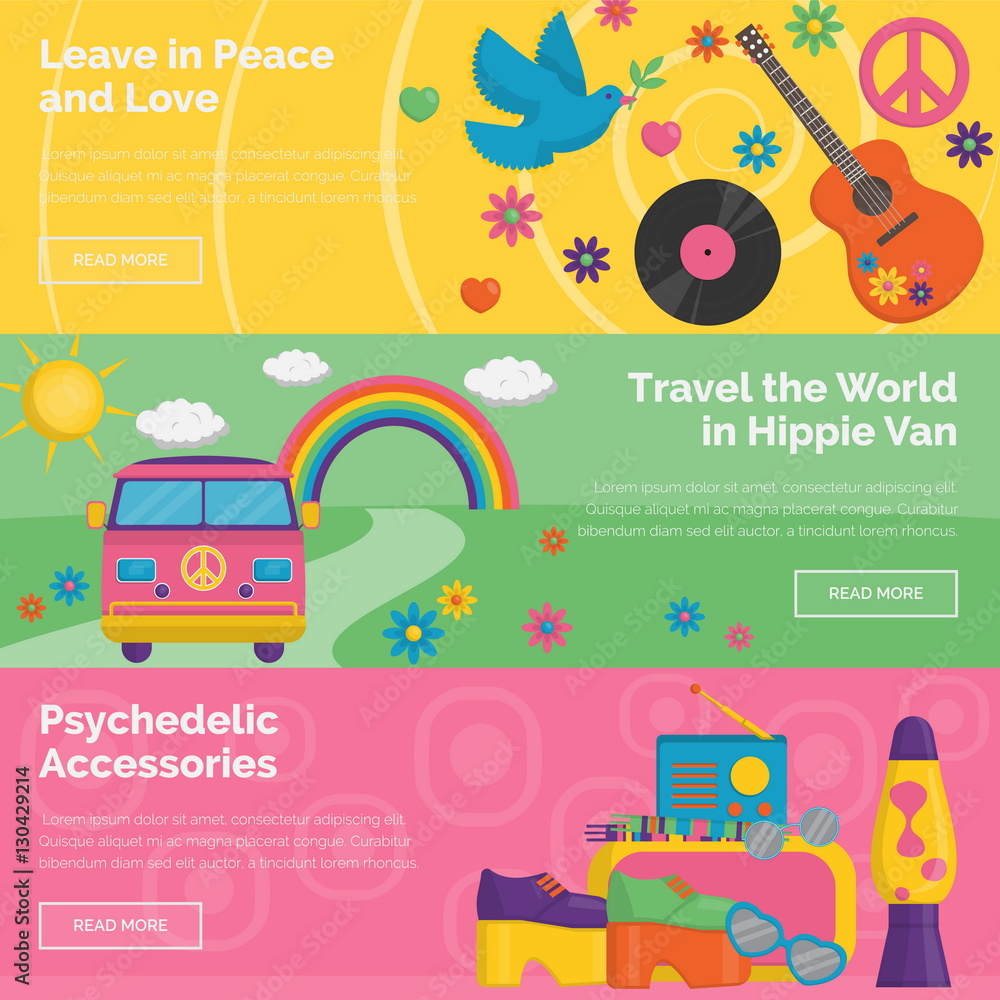 Naklejka premium Vintage 1960s hippie retro header banner set