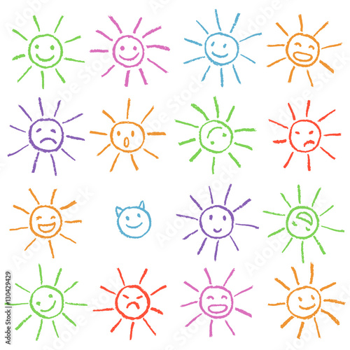 Colorful crayon chalk funny sun with smile face. Colorful pastel chalk hand drawn set of happy, glad, happy, angry, sad, faces suns. Many cute suns.