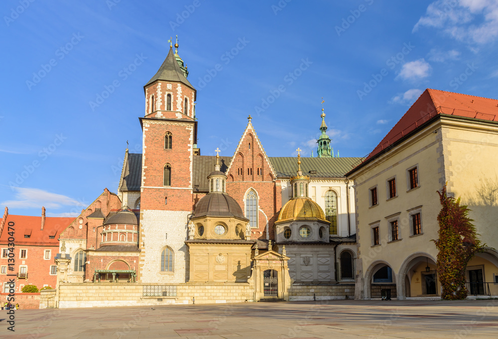 Cathedral of St. Stanislaw and St. Vaclav and royal castle on the Wawel Hill in the sunny day, Krakow, Poland.