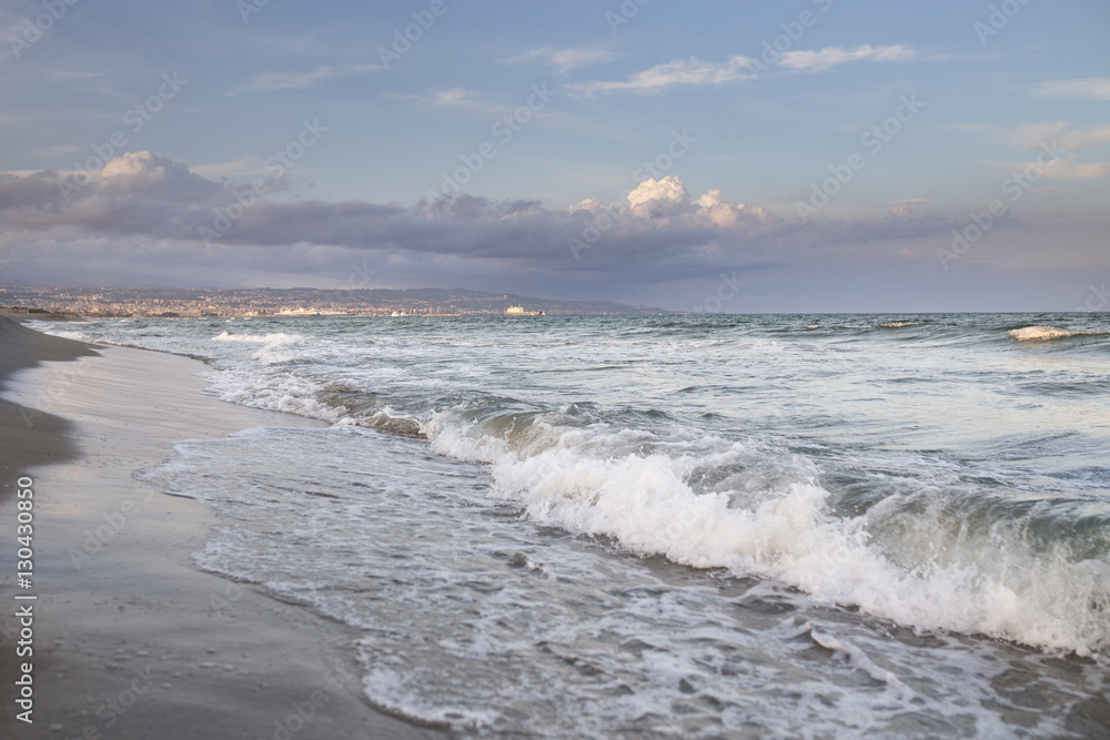 Deep blue sea waves splashing, Catania, Sicily coast