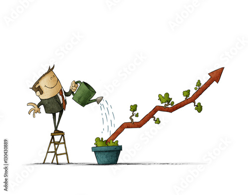 Business man Watering a plant shaped like a graph in a pot