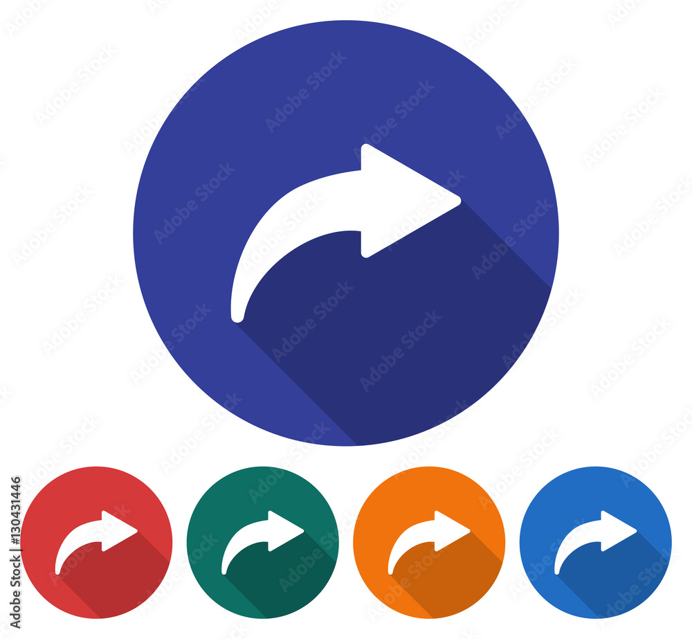 Round icon of right curved arrow. Flat style illustration with long shadow in five variants background color Round icon of right curved arrow. Flat style illustration with long shadow in five variants background color