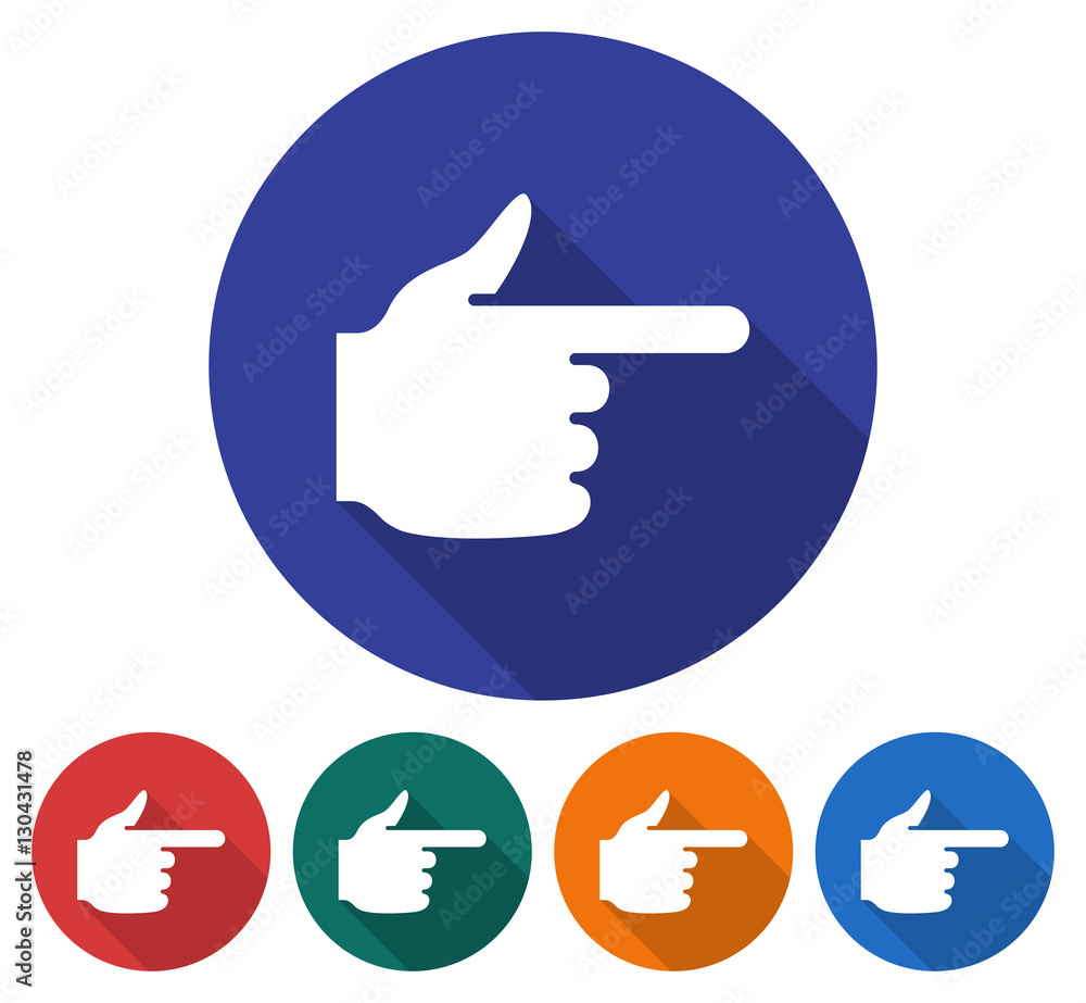 Round icon of hand with forefinger pointing forward. Flat style illustration with long shadow in five variants background color Round icon of hand with forefinger pointing forward. Flat style illustration with long shadow in five variants background color