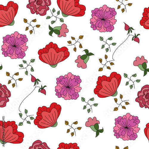 Hand-drawn seamless flower pattern. Abstract garden flowers and fresh branches. Floral vintage background for textile, cover, wallpaper, gift packaging, printing, scrapbooking.