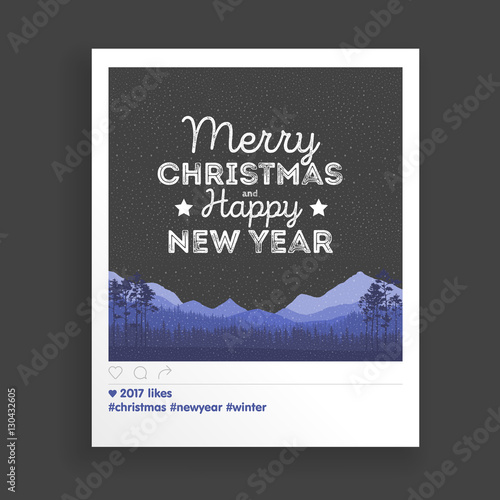 Creative greating card. Christmas landscape background with falling snow, forest silhouette, mountains, and letters
