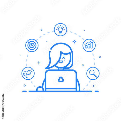 Vector illustration of blue icon in flat line style. Linear cute and happy girl with laptop. Graphic design concept of marketer woman use in Web Project and Applications Outline isolated object.