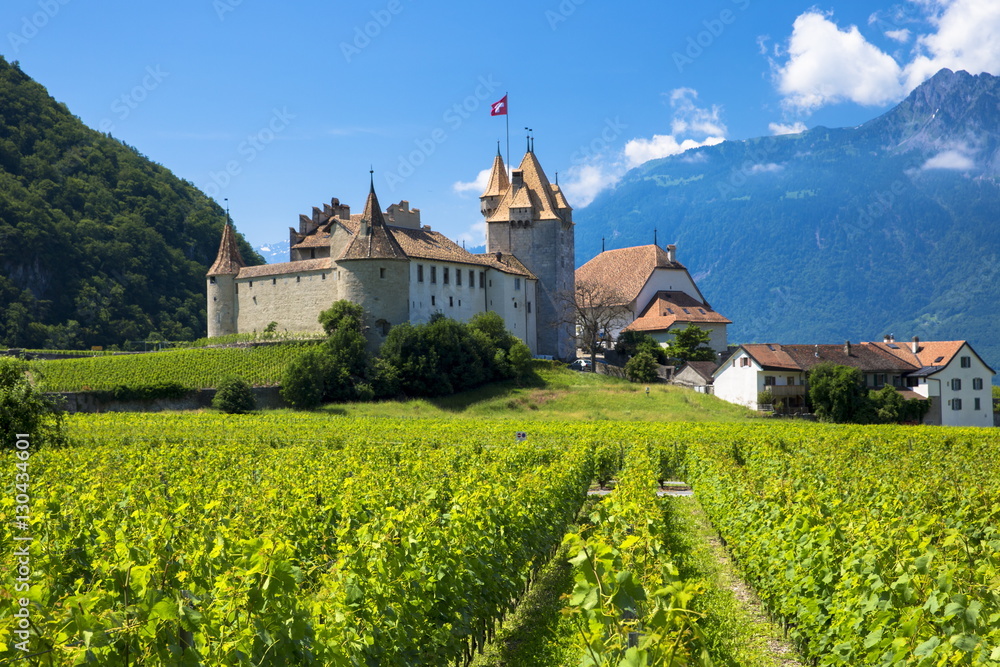 Chablais vines in front of the Chateau de Aigle and the village of Aigle in the Chablais region, Vaud Chablais vines in front of the Chateau de Aigle and the village of Aigle in the Chablais region, Vaud