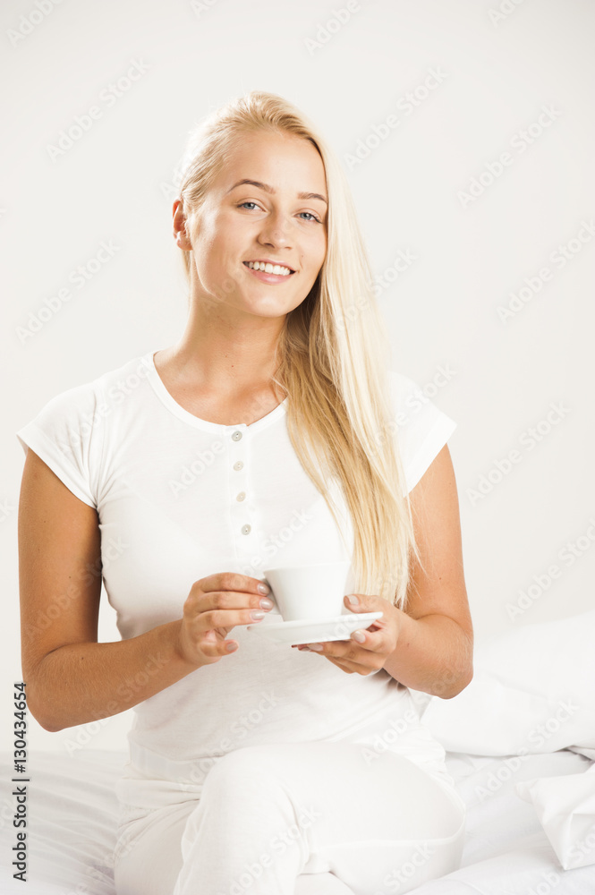 Young blonde beauty woman with a mug Young blonde beauty woman with a mug