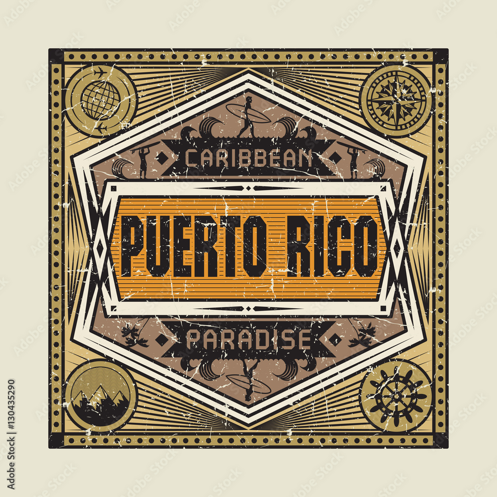 Stamp or vintage emblem with text Puerto Rico, Caribbean Paradis