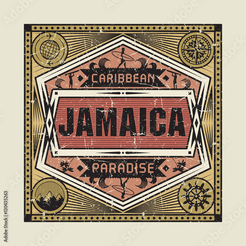 Stamp or vintage emblem with text Jamaica, Caribbean Paradise
